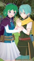 1boy 1girls aqua_hair arm_grab belt blue_eyes blue_hair cape female fire_emblem fire_emblem:_the_blazing_blade green_hair jollyoldsoldier male nils_(fire_emblem) nino_(fire_emblem) nintendo open_mouth outdoors own_hands_together pants red_eyes scarf short_hair skirt smile