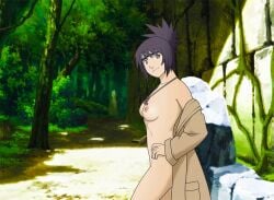 anaxus breasts coat mitarashi_anko naked naruto naruto_(classic) naruto_(series) naruto_shippuden nipples nude nude_female outside small_breasts smile solo solo_female standing