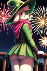 ai_generated anthro ass ass balcony belt big_eyes buns deltarune diplive7 fireworks furry glasses green_clothing looking_at_viewer male night no_panties outdoors purple_eyes ralsei remade remake remastered scarf skirt_lift suprised toby_fox tuft upskirt