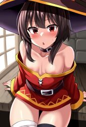 ai_generated areola_slip areolae_peeking bare_shoulders blush choker cleavage down_blouse female indoors kono_subarashii_sekai_ni_shukufuku_wo! legwear looking_at_viewer megumin no_bra open_mouth red_eyes short_hair sitting sitting_on_table small_breasts solo thighs witch_hat