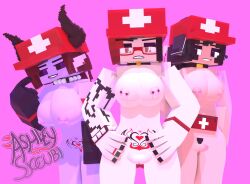 3d 3girls angel-matty ashley_succubi beach big_breasts demon_girl erect_nipples first_aid_kit fruity_(extrafruitygirl) horns horny_female human_female looking_at_viewer mine-imator minecraft multicolored_hair nude_female only_female outside piercing_nipples purple_eyes red_eyes red_glasses rescue smile spiked_belt succubus tagme tattoo tattoo_on_arm tattoo_on_belly wet_pussy