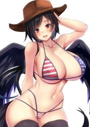 american_flag_bikini arm_up bare_arms bare_shoulders bikini black_hair black_thighhighs breasts brown_headwear cleavage collarbone covered_erect_nipples cowboy_hat cowboy_shot ebi_193 female flag_print hat head_tilt horse_tail huge_breasts kurokoma_saki looking_at_viewer multi-strapped_bikini navel open_mouth print_bikini print_swimsuit red_eyes saki_kurokoma simple_background smile solo stomach swimsuit tail thighhighs touhou white_background