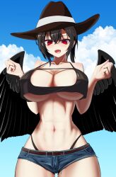 :d abs bare_shoulders black_hair black_headwear black_wings blue_sky breasts cleavage cloud collarbone cowboy_hat cowboy_shot crop_top day denim denim_shorts feathered_wings female hair_between_eyes hands_up hat highleg highleg_panties highres huge_breasts kurokoma_saki looking_down midriff navel nuekane open_mouth outdoors panties pegasus_wings red_eyes saki_kurokoma short_hair short_shorts shorts sky smile solo standing thighs touhou underboob underwear wings