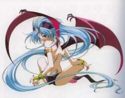 1girls armlet back bat_wings bikini blue_hair breasts delta delta_(words_worth) demon_girl feet female female_only forehead_mark from_behind gloves head_wings highres long_hair looking_back monster_girl nail_polish official_art pointy_ears red_eyes rin-sin scan sitting smile succubus succubus_wings swimsuit tail toes very_long_hair wings words_worth