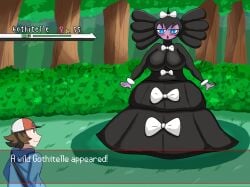 1boy 1girls black_hair blue_eyes blush bow bowtie breasts brown_eyes brown_hair bush dress english_text female female_focus gamefreak gameplay_mechanics goth goth_girl gothic gothitelle hairbow hilbert_(pokemon) large_breasts mackdazzle male nintendo pokemon pokemon_(species) pokemon_trainer purple_skin text tree trees venus_symbol voluptuous voluptuous_female