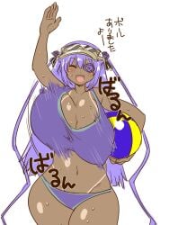 1girls alternate_breast_size arm_up barasuishou beach_ball blush bouncing_breasts eyepatch female flower_eyepatch front_view huge_breasts itini-sanshi japanese_text jiggling_breasts open_mouth purple_hair rozen_maiden smile solo tan_body tan_lines tan_skin white_background wide_hips