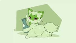:3 ambiguous_gender animated ass ass_focus ass_shake big_ass big_butt bong cat cat_ears cute cute_fang drug_paraphernalia drugs edit fangs feline feral fur furry furry_only green_background green_fur green_hair joaoppereiraus looking_at_viewer meme nintendo pokemon pokemon_(species) pokemon_sv presenting presenting_hindquarters red_eyes short_playtime sound sound_edit sound_effects sprigatito tail tail_flick tailwag talking_to_viewer thestooge2222 thick_thighs thighs tired tired_eyes video wide_hips