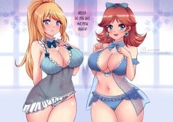 2girls alternate_costume artist_name big_breasts blonde_hair blue_bow blue_bowtie blue_eyes blue_nightgown blush bow bowtie bra breasts brown_hair choker crossover earrings english_text eyeshadow female female_only flower_earrings frilled_bra frilled_choker frilled_panties frills gumroad_username hairbow hand_on_own_chest hourglass_figure huge_breasts jewelry large_breasts long_hair looking_at_viewer makeup mario_(series) metroid multiple_girls navel nightgown nintendo open_mouth panties ponytail princess_daisy purple_eyeshadow samus_aran short_hair smile sparkle_background sparkle_print speech_bubble sugarbell talking_to_viewer thick_thighs thighs underwear