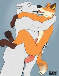 anal anthro bear bodily_fluids canid canine claws drooling duo embrace epic_games fennix_(fortnite) fortnite fox fur gay holding_up hug kissing lifting_up looking_at_another looking_at_partner making_out male male/male mammal orange_body orange_fur paws polar_bear polar_patroller saliva simple_background size_difference tail tongue ursine white_body white_fur yellow_eyes zeym