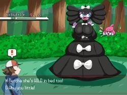 ! 1boy 2girls black_hair blue_eyes blush bow bowtie breasts brown_eyes brown_hair bush bushes dress english_text exclamation_point female female_only gamefreak gameplay_mechanics generation_5_pokemon goth goth_girl gothic gothitelle hairbow hilbert_(pokemon) large_breasts lipstick mackdazzle male medicham nintendo pokemon pokemon_(species) pokemon_trainer pokephilia purple_skin squishing_breasts text tree trees venus_symbol voluptuous voluptuous_female