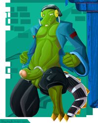 1boy anthro balls clothing cock_ring crocodile crocodilian headphones latch lethal_league male male_only penis precum reptile scalie solo vein xinwan