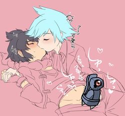 2boys alain_(pokemon) alan_(pokemon) blue_hair censored closed_eyes handjob kissing koshii_tai lying male_only multiple_boys penis pokemon pokemon_(game) pokemon_oras steven_stone_(pokemon) tagme undressing