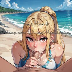 1boy 1girls ai_generated beach blonde_hair blowjob blue_hairband blurry_background clothed_female_nude_male cum_on_body cum_on_breasts cum_on_face cum_on_penis divine_muse_designs exhibitionism exhibitionist fairy_tail female handjob looking_at_viewer lucy_heartfilia male patreon ponytail pov pov_eye_contact stable_diffusion watermark yellow_hair