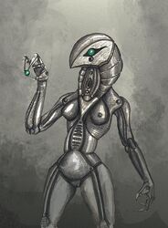 2010 3_fingers anthro areola breasts female green_eyes grey_background machine meandraco nipples non-mammal_breasts nude pussy robot simple_background small_breasts solo thigh_gap traditional_media_(artwork)