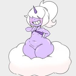 brat cloud dazzi_(pal) flat_chest hand_on_hip huge_ass huge_thighs inakotho lifting_shirt massive_ass no_panties pal_(species) palworld pudgy_belly purple_skin raijin_daughter smug smug_grin tubetop white_hair wide_hips