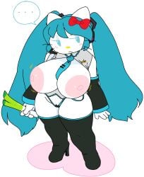 ... big_areola big_breasts blue_body blue_eyes blue_ribbon blue_tie cassettedream dream-cassette hatsune_miku hatsune_miku_(cosplay) hello_kitty hello_kitty_(character) hello_kitty_(series) hoshime huge_breasts kitty_white looking_away pussy sanrio text_bubble useless_clothing vocaloid white_body white_fur white_skin