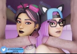 2boys 2girls backwards_hat beach_jules beauty_mark fortnite fortnite:_battle_royale foursome glasses goggles goggles_on_head hat jules_(fortnite) looking_at_viewer lynx_(fortnite) multicolored_hair nose_ring nude nude_female nude_male penis penis_on_shoulder tagme takita_tamalero tattoo tattoos