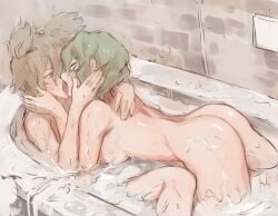 2girls ass bathtub breasts brown_eyes brown_hair commentary_request eye_contact french_kiss green_hair highres hug indoors kissing looking_at_another medium_breasts multiple_girls no_headwear nude partially_submerged pointy_hair same-sex_bathing senmura shared_bathing short_hair soga_no_tojiko thighs touhou toyosatomimi_no_miko water wife wife_and_wife yuri