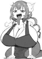 1girls aida_taketo big_breasts black_and_white breasts cleavage dragon_girl female_pred giantess gigantic_breasts horns huge_breasts human_prey ilulu_(dragon_maid) long_tongue macro male_prey massive_breasts micro miss_kobayashi's_dragon_maid on_knees open_mouth oral_vore satisfied smile swallowed tongue vore