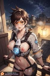 ai_generated bodysuit cum cum_in_pussy cum_on_body cum_on_breasts glasses lantern luname medium_breasts naked night nighttime nipples nude open_mouth orange_glasses outdoors overwatch overwatch_2 pussy star suit tracer village