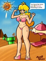 1girls 2024 2d 2d_artwork airing_out angry_sun big_breasts big_lips big_thighs bikini bikini_bottom bikini_top blonde_hair blue_eyes breasts crown desert desert_world ear_piercing earrings fanning fanning_self female female_only green_pipe lips long_hair looking_at_viewer mario_(series) marodraws nintendo palm_tree pink_bikini pink_lips pink_lipstick pipes princess princess_peach pyramid sandals shiny_breasts shiny_hair shiny_skin solo solo_female sun_bed super_mario_bros._3 sweat sweaty_body sweaty_breasts sweaty_legs text text_box text_bubble thighs umbrella undressing upset white_skin yellow_hair