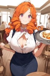 1girls ai_generated big_breasts breasts cleavage curly_hair female female_only food freckles freckles_on_breasts holding_plate looking_at_viewer magenta_eyes novelai open_shirt orange_hair original original_character restaurant smile solo solo_female stable_diffusion unbuttoned waitress