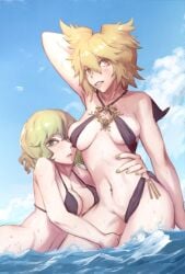 2girls arm_up armpits bikini black_bikini blonde_hair blue_sky blush breasts cloud commentary_request cowboy_shot criss-cross_halter day green_eyes green_hair green_nails grin groin hair_between_eyes halterneck hug looking_at_viewer medium_breasts multiple_girls nail_polish navel navel_piercing no_headwear o-ring o-ring_bikini outdoors parted_lips piercing pointy_hair senmura short_hair sky smile soga_no_tojiko standing stomach swimsuit thighs touhou toyosatomimi_no_miko wading water wet yellow_eyes yuri