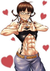 abs akizuki_ritsuko anonymous_artist braid brown_eyes brown_hair female glasses grin hands heart heart_hands idolmaster inu_(aerodog) midriff mound_of_venus muscle muscular_female navel one_eye_closed open_mouth pants photoshop pubic_hair short_hair simple_background smile solo stomach tied_hair white_background wink