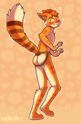 1boy anthro ass blush calvin_mcmurray feline freckle_mcmurray jockstrap lackadaisy looking_at_viewer looking_back male male_focus male_only nervous no_visible_genitalia orange_fur solarlewds solo standing striped_fur stripes tagme tail tail_tuft underwear