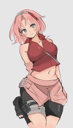 1girls arms_behind_back big_breasts bike_shorts breasts busty feet female female_only green_eyes headband highres kneeling large_breasts looking_at_viewer midriff naruto naruto_(series) naruto_shippuuden navel pink_hair pose posing sakura_haruno sensual short_hair smile solo