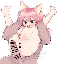 1boy animal_ears bar_censor blush censored completely_nude female green_eyes legs_up nakajima_lupus navel nipples nude open_mouth original penis pink_hair pussy rabbit_ears rabbit_girl restrained short_hair simple_background solo_focus spread_legs white_background