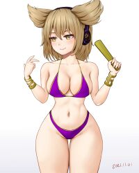 absurdres bikini blush bracelet breasts brown_eyes brown_hair commentary earmuffs english_commentary female hat highleg highleg_bikini highres jewelry large_breasts navel pointy_hair purple_bikini ritual_baton short_hair smile solo swimsuit tate_eboshi touhou toyosatomimi_no_miko wide_hips yyf_(seaknight)