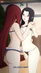 2girls ass big_breasts black_eyes black_hair blue_hair bra bra_lift breast_press breasts_out christmas commentary embarrassed female female/female female_only holding_hands holly_(plant) human imminent_kiss koikatsu long_hair looking_at_another mature mature_female midriff milf multiple_girls nail_polish naruto naruto_(series) naruto_shippuden nipples no_visible_genitalia otsukira panties patreon_username red_hair talking text uchiha_mikoto underwear uzumaki_kushina very_long_hair yuri