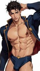 1boy ai_generated alternate_costume black_hair bulge jojo's_bizarre_adventure jotaro_kujo male male_only solo stardust_crusaders testicle_bulge