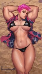 2016 2d abs absurdres belly biceps bikini black_bikini blizzard_entertainment breasts brown_eyes cleavage covered_nipples facial_scar female female_only highres large_breasts muscle muscles muscular_female navel open_clothes open_shirt overwatch overwatch_2 pink_hair pixiepowderpuff scar shirt short_hair solo swimsuit underboob zarya