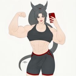 1futa abs alexcherubic animal_ears balls biceps big_breasts black_hair blue_eyes breasts clothed clothing commission flaccid flexing fully_clothed futa_only futanari humanoid kemonomimi light-skinned_futanari light_skin long_hair muscular muscular_futanari penis selfie smartphone solo sportswear standing