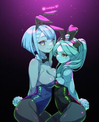 2girls asymmetrical_docking bunny_ears bunnysuit clothed_female cyberpunk:_edgerunners cyberpunk_2077 lianbiglian lucyna_kushinada rebecca_(edgerunners) tagme