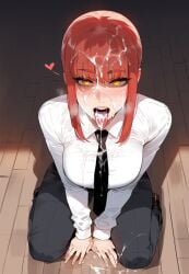 ai_generated chainsaw_man cum_in_mouth cum_on_breasts cum_on_face cum_on_floor cumslut floox fully_clothed makima_(chainsaw_man) red_hair thiccwithaq_(ai_style)