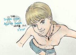 1girls 2024 attack_on_titan black_necklace blonde_female blonde_hair_female colored exposed_breasts hand_drawn looking_at_viewer looking_up_at_viewer naughty_smile necklace pencil_(artwork) shingeki_no_kyojin shorts shorts_only smiling smiling_at_viewer snk_andree_art spanish_text teenage_girl white_skinned_female zofia_(shingeki_no_kyojin)