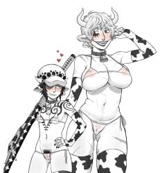 2girls areola_slip big_breasts bikini black_and_white blush breast_size_difference cameltoe canon_genderswap chest_tattoo collar cow_bell_collar cow_ears cow_girl cow_horns cow_print cow_print_armwear cow_print_thighhighs cowbell donquixote_rosinante ear_tag female female_only fingerless_gloves front_view genderswap_(mtf) hat headwear huge_breasts inverted_nipples katana looking_at_each_other makeup micro_bikini navel_piercing nipple_piercing nipples_visible_through_clothing nodachi one_piece plain_background pubic_hair pubic_hair_peek pussy rule_63 scars septum_piercing short_hair small_breasts smile splunkydunk spot_color sword tattoo tattoos thighhighs trafalgar_law trafalgar_law_(female) underboob very_short_hair white_background yuri