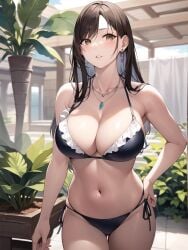 1girls ai_generated ai_mirror belly_button black_underwear blush brown_eyes brown_hair curtains earrings garden hand_on_hip long_hair looking_at_viewer medium_breasts necklace palm_tree plants standing thick_thighs underwear white_skin wooden_ceiling