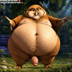 4k ai_generated anthro avian balls belly belly_button bhm big_belly chubby chubby_anthro chubby_male elderly_anthro genital_fluids genitals highres huge_belly legends_of_oz_dorothy's_return male male_only matronai_(artist) obese obese_anthro obese_male overweight overweight_male owl patreon patreon_username penis pinup stable_diffusion thick thick_legs thick_thighs twitter_username wiser_the_owl