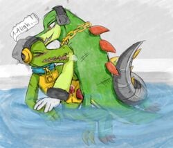 anthro blush crocodile crocodilian crossover dialogue headphones latch lethal_league male penis precum reptile scalie solarissinner sonic_(series) tagme vector_the_crocodile yaoi