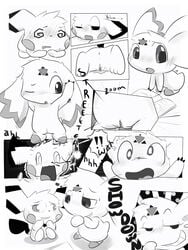 blush clyndemoon comic crossover culumon digimon digimon_(species) digimon_tamers duo female feral fur green_eyes half-closed_eyes heart hi_res mammal monochrome nintendo one_eye_closed open_mouth pichu pokemon pussy pussy_juice rodent simple_background text tongue video_games white_background wink yellow_fur