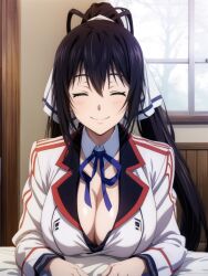 ai_generated big_breasts brown_hair brunette_hair cleavage closed_eyes exposed_breasts hair_ribbon houki_shinonono infinite_stratos ponytail school_uniform shinonono_houki smiling