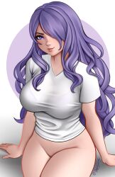 1girls bare_thighs bottomless breasts camilla_(fire_emblem) female female_only fire_emblem fire_emblem_fates hair_over_one_eye jackary_draws large_breasts long_hair looking_at_viewer nintendo purple_eyes purple_hair shirt sitting smile solo thighs very_long_hair