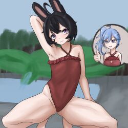 2023 2girls ahoge alternate_hair_color big_breasts black_hair blue_hair bunnyfaqer clothed clothing crossover female female_focus female_only flat_chest flat_chested indie_virtual_youtuber light-skinned_female light_skin official_alternate_eye_color official_alternate_hair_color outside phase_connect phase_origins pipkin_pippa public purple_eyes red_clothing red_swimsuit sleepy_project solo_focus swimming_pool swimsuit thick_thighs tree trees virtual_youtuber vtuber