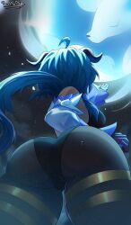 1girls ass blue_hair bodystocking breasts clothed dat_ass female ganyu_(genshin_impact) genshin_impact hi_res horns huge_ass light-skinned_female light_skin long_hair low-angle_view outdoors sol-sama_d2 solo_female thick_thighs