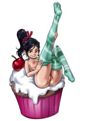 1girls ass big_ass big_breasts breasts cherry cupcake disney female female_only food nude pussy sketchlanza smile solo vanellope_von_schweetz wreck-it_ralph