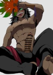 1boy before_sex benjoman_18 brown_nipples censored censored_penis dark-skinned_male dark_hair dark_nipples demon demon_boy demon_horns demon_slayer erection fan green_eyes green_sclera hairy_armpits hairy_balls hairy_penis hantengu horny_male karaku kimetsu_no_yaiba large_penis leaf looking_at_viewer male_only muscular_male needy penis_out precum precum_drip pubic_hair sex_demon solo tan-skinned_male tongue_out upper_moon